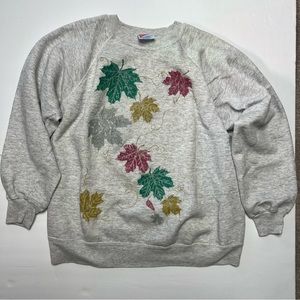 Vintage 90s Fall Autumn Leaves Sweatshirt Size Large Heather Grey Gray